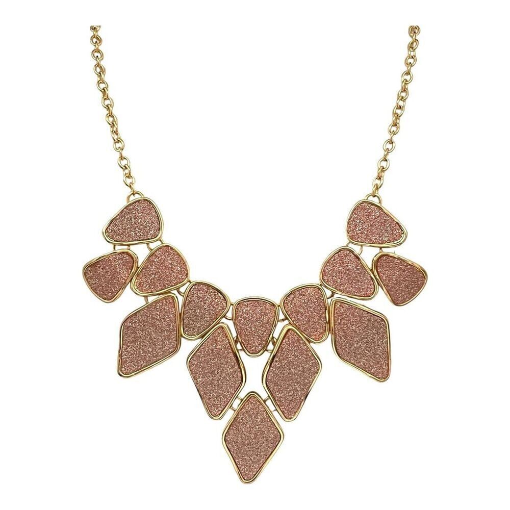 New Pink Glitter Bib Necklace Gold Tone Statement Necklace - 5U